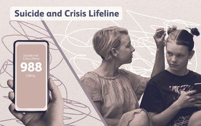 A cell phone with the suicide and crisis lifeline (988) and an adult and child