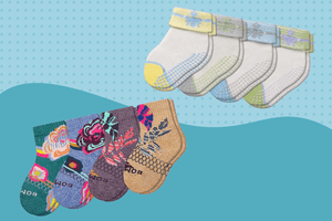 A variety of baby socks on a blue background