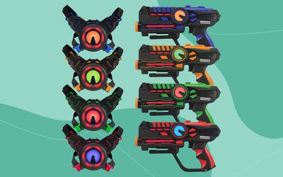 ArmoGear Laser Tag Guns with Vests Set collaged against colorful green background