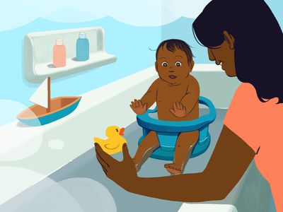 An illustration with a baby in a bath seat and a caretaker supervising