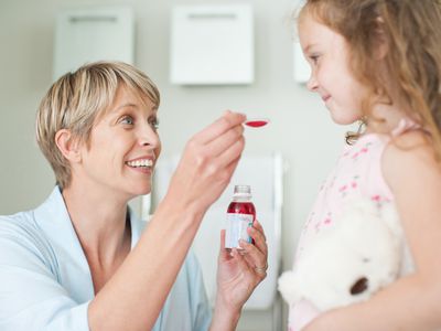 Mother giving daughter medicine