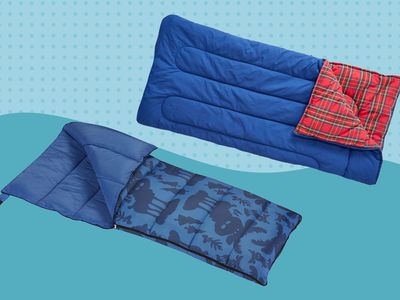 Collage of sleeping bags we recommend for kids on a blue background