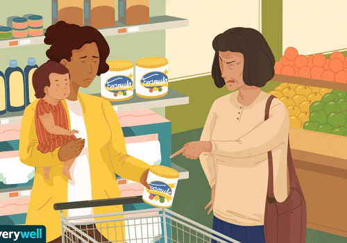 Mother at grocery store getting unsolicited post-pregnancy advice