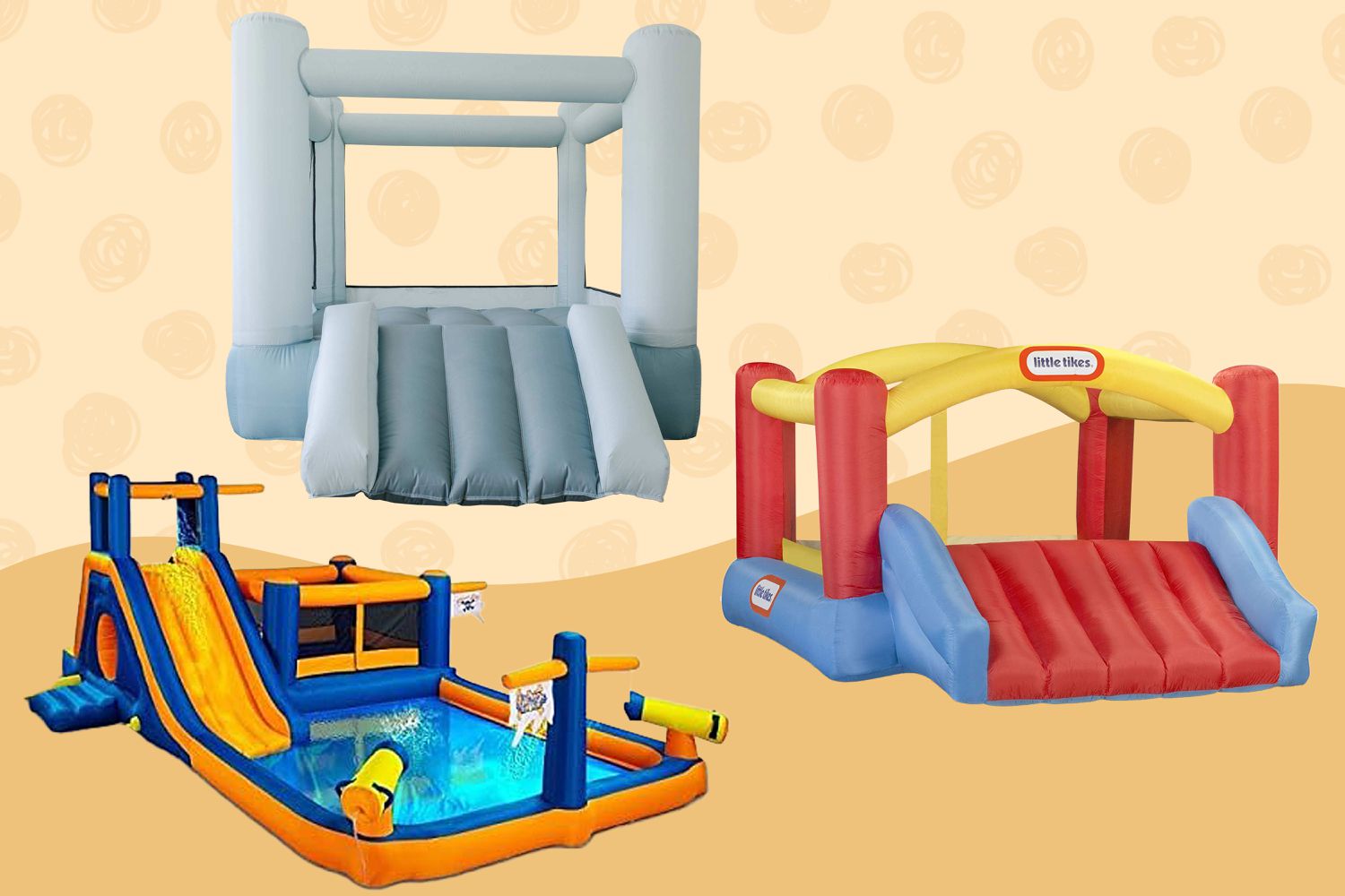 Three multicolored children's inflatable bounce houses against a yellow background.