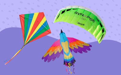 Collage of kites we recommend on a purple background