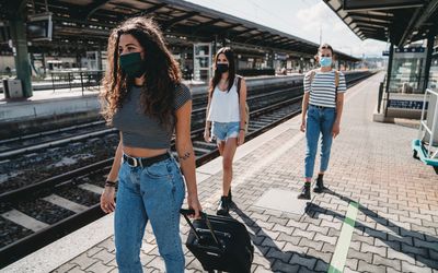 three college women traveling