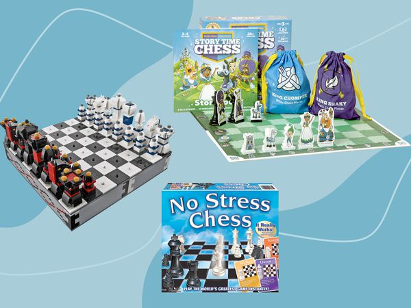 Three kids chess sets we recommend on a blue background