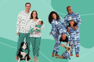 Collage of families wearing family holiday PJS we recommend on a colorful green background