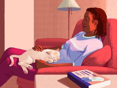 An illustration with a cat laying on a person with a positive pregnancy test nearby