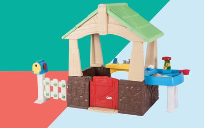 collage of Little Tikes Deluxe Home And Garden Playhouse Indoor Outdoor Toy Toddlers on colorful background