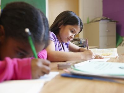 Students taking a test in a classroom