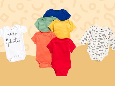 Collage of baby onesies we recommend on a yellow background