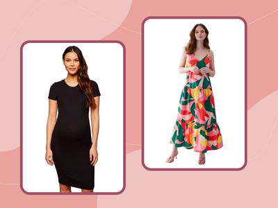 A collage of maternity dresses we recommend on a pink background