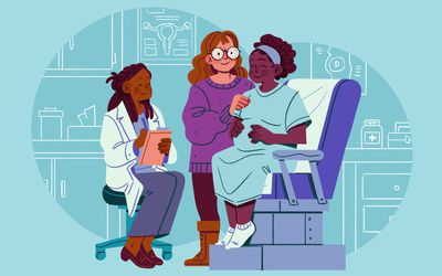 An illustration of a black pregnant woman at a healthcare provider appointment