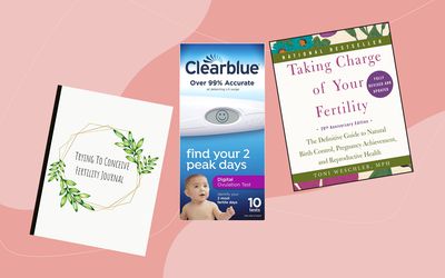 Collage of fertility products we recommend on a pink background