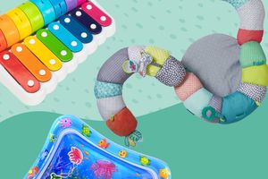 Collage of tummy time toys we recommend on a green background