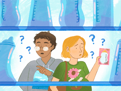 Illustration of parents picking a baby bottle