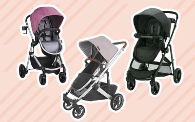 Collage of reversible strollers we recommend on an orange background