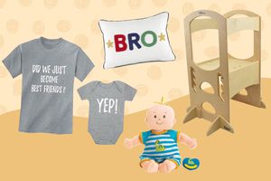 A variety of sibling gifts from the new baby on an orange background