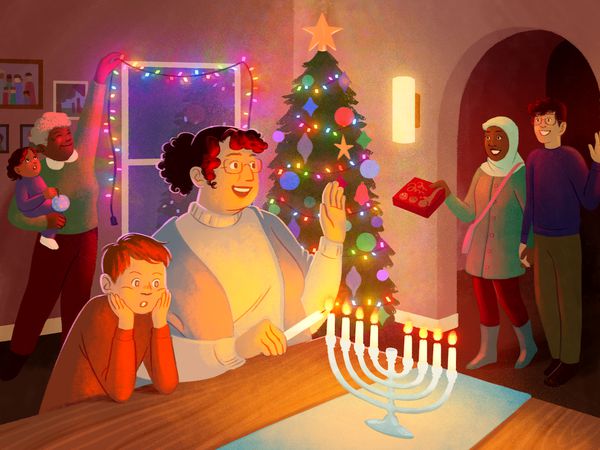 An illustration with people celebrating different religious winter holidays