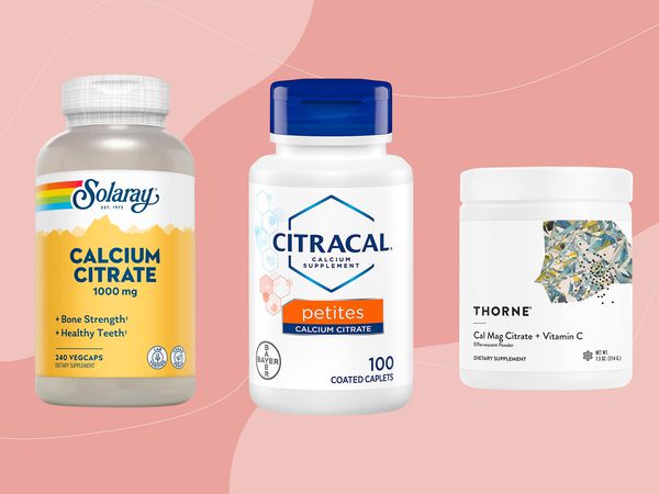 Collage of calcium supplements we recommend for pregnancy on a pink background