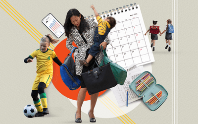 Photo composite showing busy parent carrying many bags and a child, a calendar, homework, and children