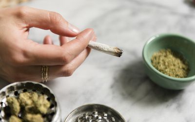 Woman's hand holding marijuana joint next to herb grinder