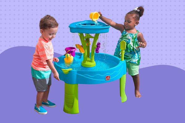 Collage of toddlers playing with a water table on a purple background