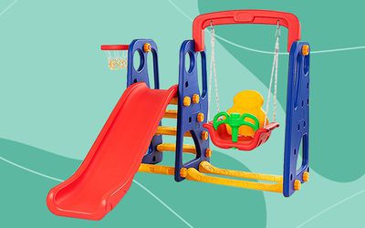 Collage of the Costzon Toddler 4-in-1 Swing and Slide Set on a green background