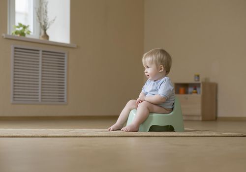 A happy toddler sitting on a potty chair, looking away