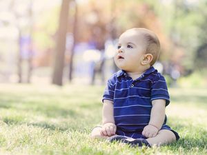可爱的小男孩坐在草地上