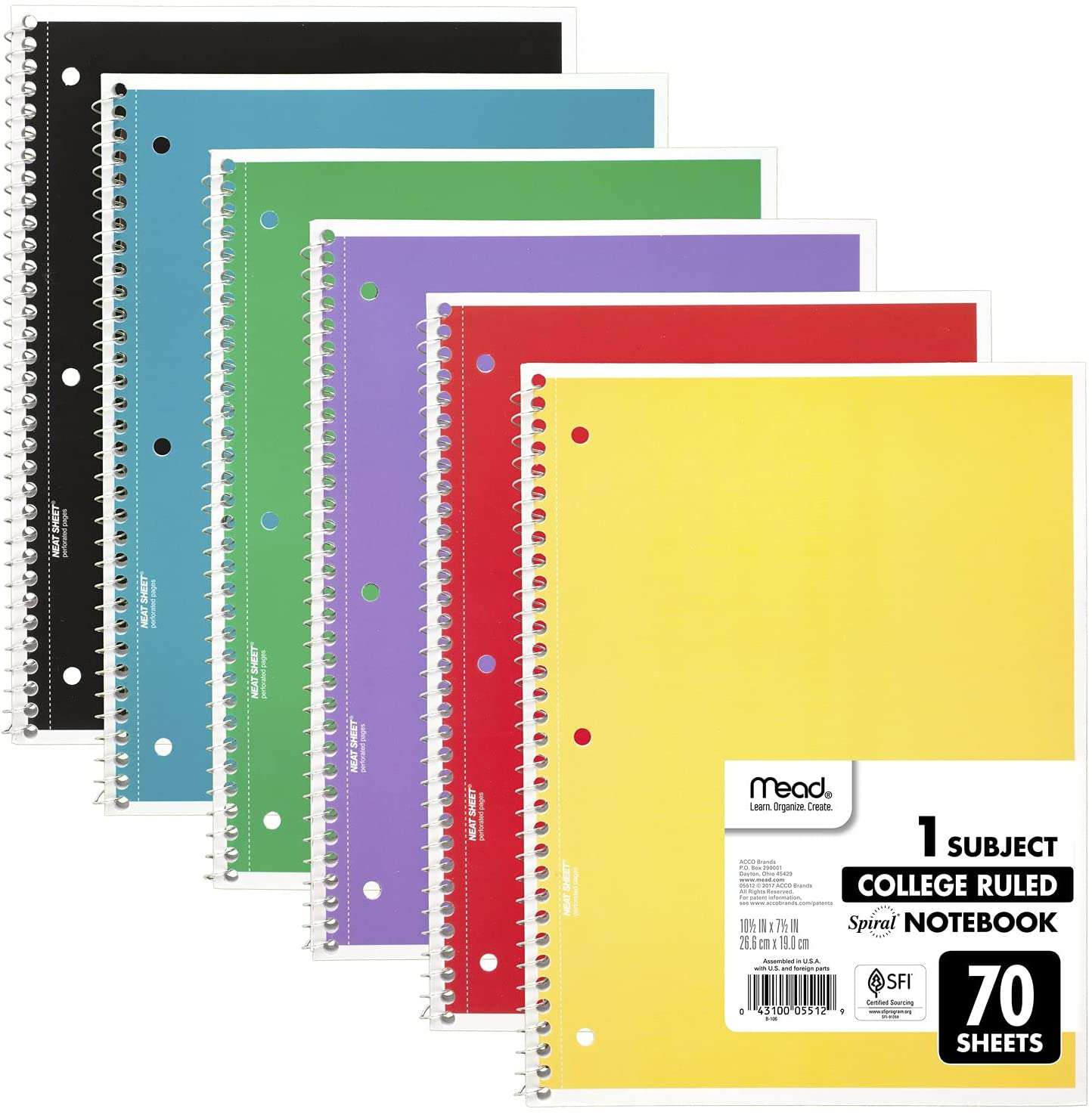 Mead 1 Subject College Ruled Spiral Notebooks, 6-Pack