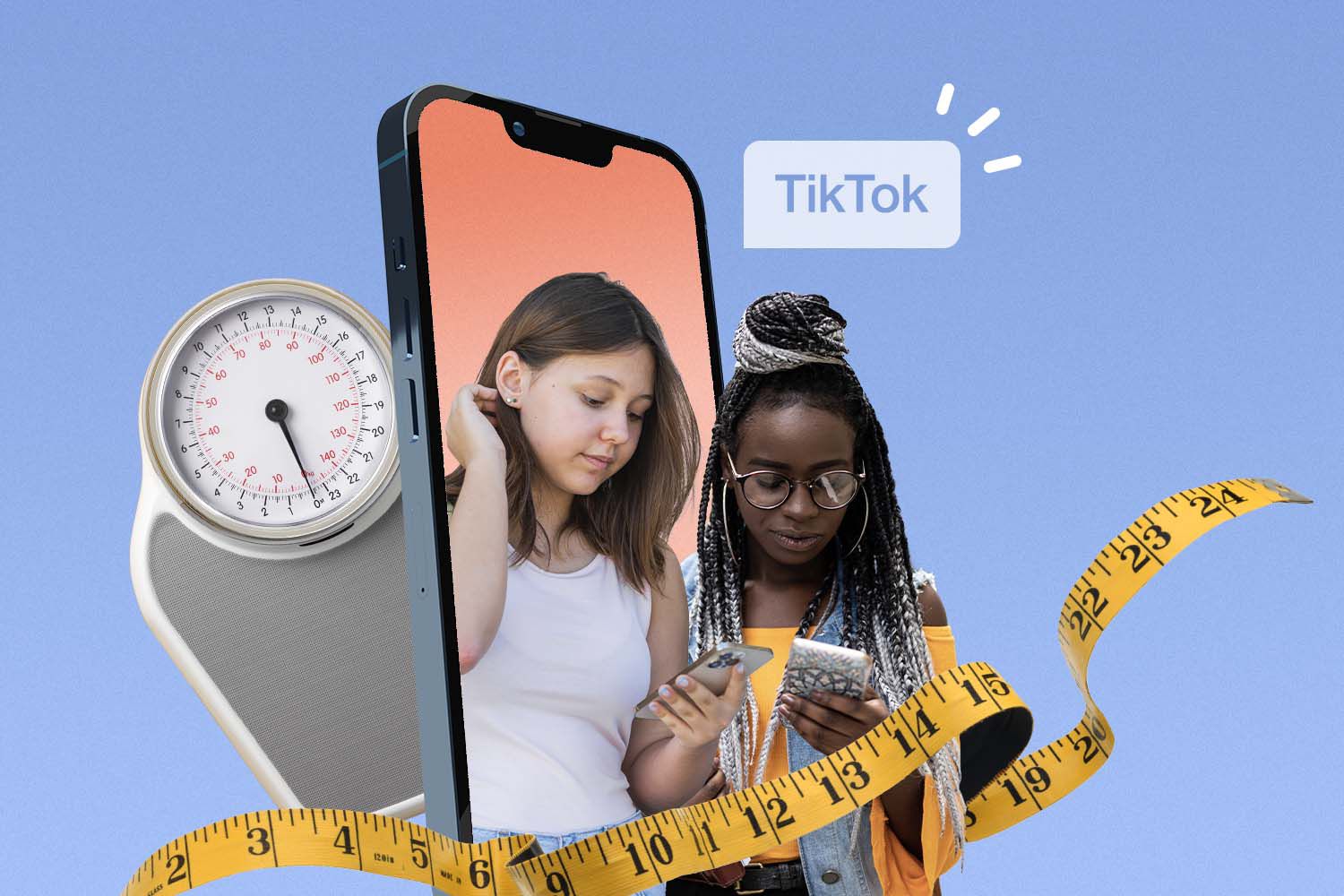 Photo illustration showing two teenagers looking at their phones surrounded by a weight scale and a tape measure