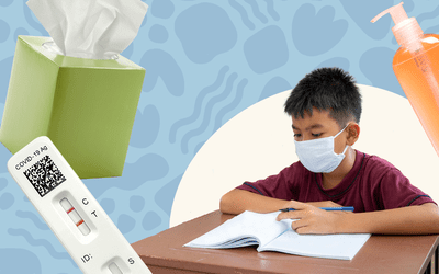 合成的孩子戴着口罩看着笔记本，covid测试，肥皂，和纸巾在图像中也