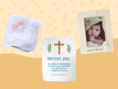 Collage of baby baptism gifts we recommend on a yellow background