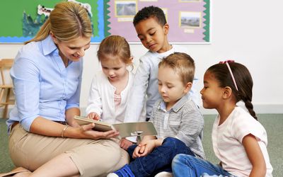 teacher reading to a group of preschool students