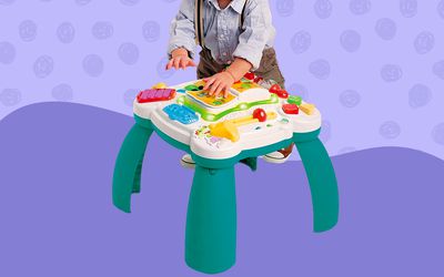 Collage of the LeapFrog Learn & Groove Musical Table on a purple background