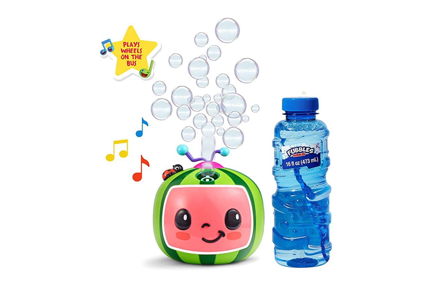 CoComelon NO Spill Musical Bubble Machine | Bubble Toy for Baby, Toddlers and Kids | Amazon Toys Exclusive with 20oz of Extra Bubble Solution (Bubble Solution Bottle Colors Will Vary)