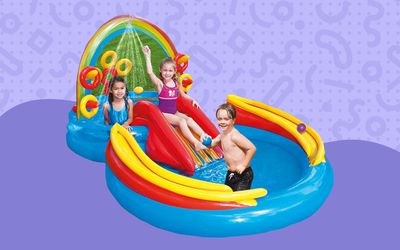 Collage of a kiddie pool we recommend on a purple background