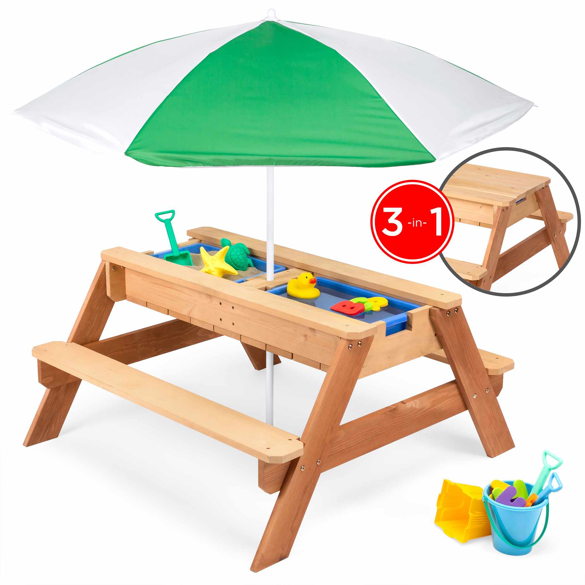 最佳选择产品儿童三合一户外活动木材活动沙和水野餐台带伞