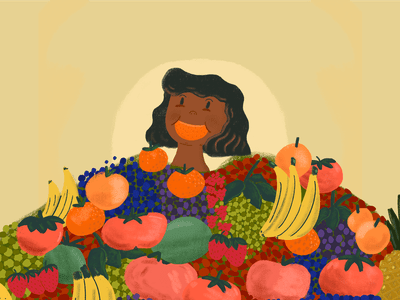 Child surrounded by fruit