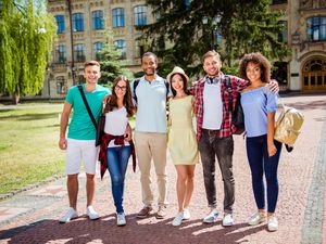 group of college friends on campus