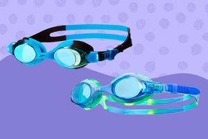 Collage of swim goggles on a purple background