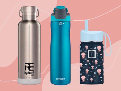 Three water bottles we recommend for kids displayed on a two-tone pink patterned background