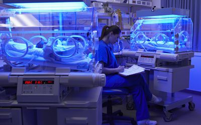新生儿重症监护病房，婴儿在紫外线照射下，护士在做记录