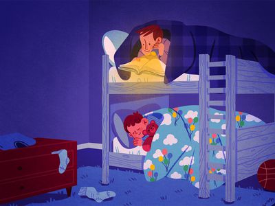 Children in a bunk bed, one is awake reading with a flashlight and the other is asleep on the lower bunk with a teddy bear (Dealing With Bedtimes When Your Kids Share a Room)