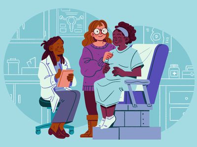 An illustration of a black pregnant woman at a healthcare provider appointment