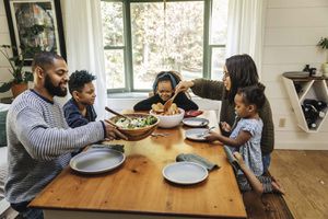 High angle view of family having meal together