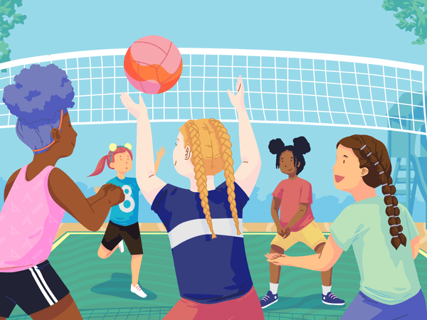 Girls playing volleyball with different hairstyles