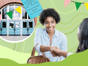 photo composite of two adults shaking hands and front of school